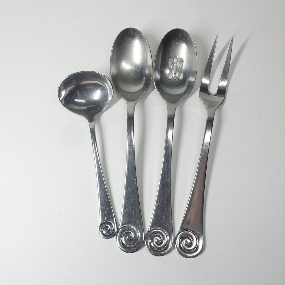 Robert Welch Ammonite Ginko Helmick Serving Pieces 4pc Lot Spoons Stainless